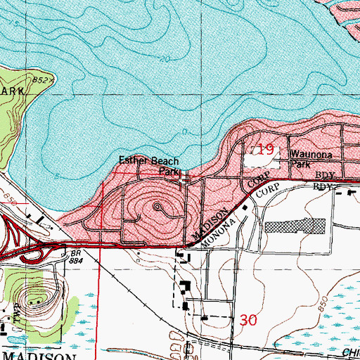 Topographic Map of Esther Beach Park, WI