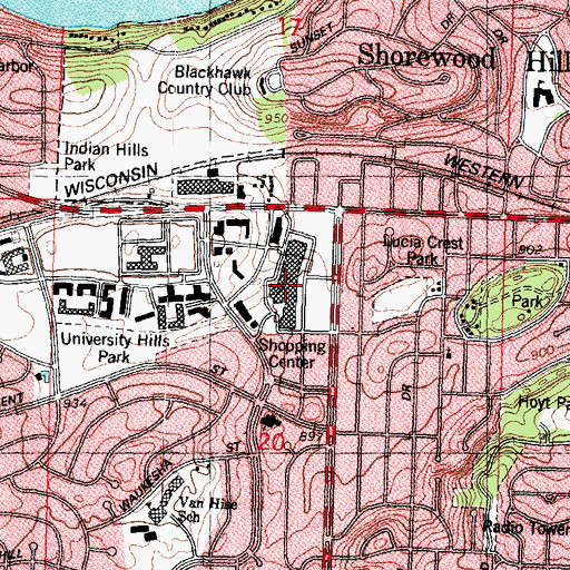 Topographic Map of Hilldale Shopping Center, WI