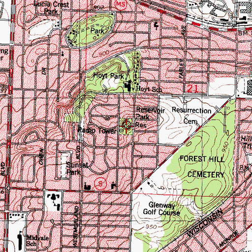 Topographic Map of Reservoir Park, WI
