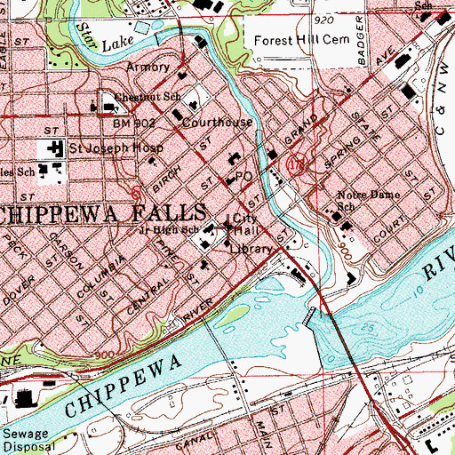 Topographic Map of Chippewa Falls City Hall, WI