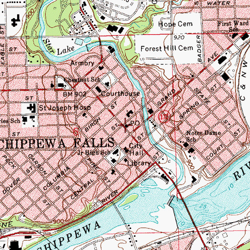 Topographic Map of Chippewa Falls Post Office, WI