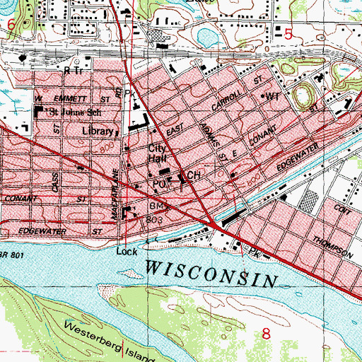 Topographic Map of Columbia County Courthouse, WI