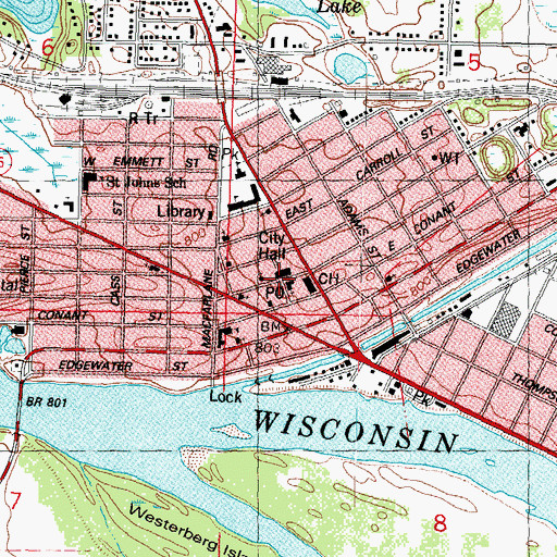 Topographic Map of Portage Municipal Building, WI