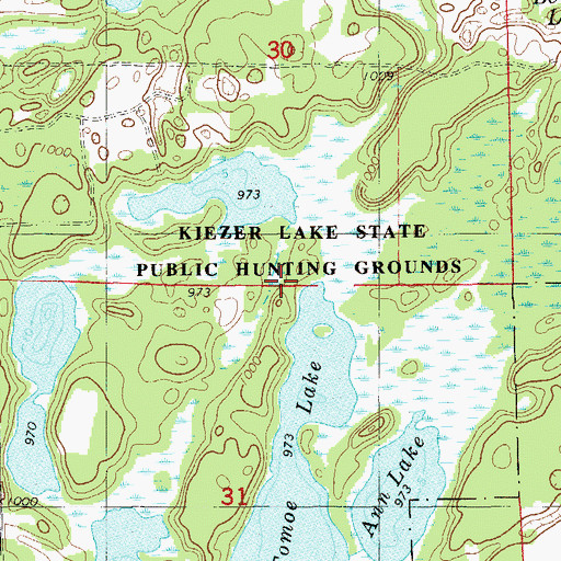 Topographic Map of Kiezer Lake State Public Hunting Grounds, WI