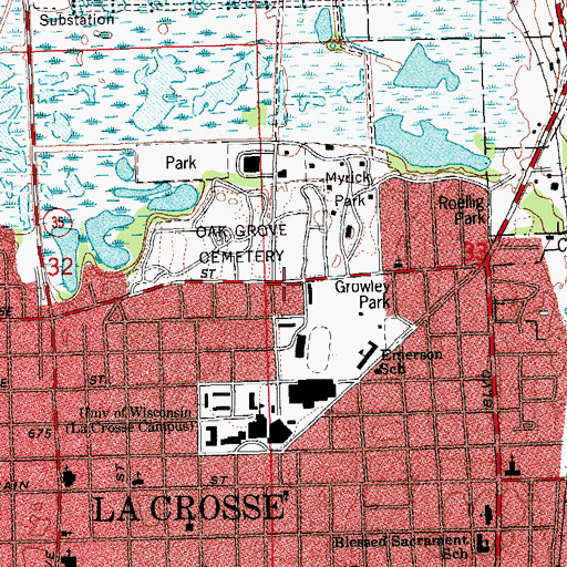 Topographic Map of Laux Hall, WI