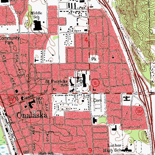 Topographic Map of Onalaska Post Office, WI