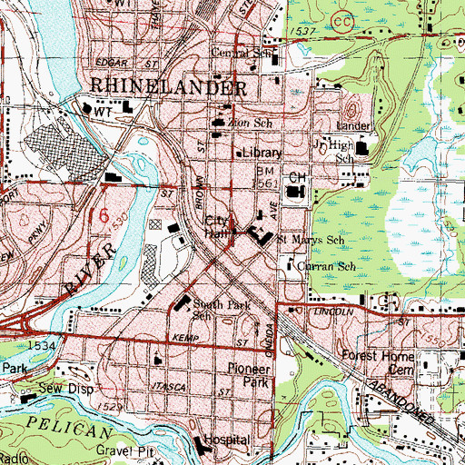 Topographic Map of Rhinelander City Hall, WI