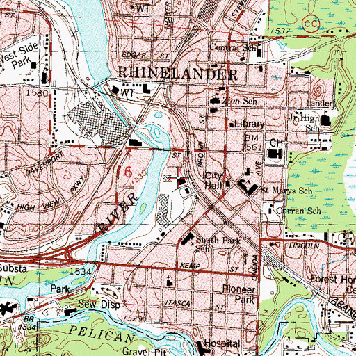Topographic Map of Rhinelander Post Office, WI