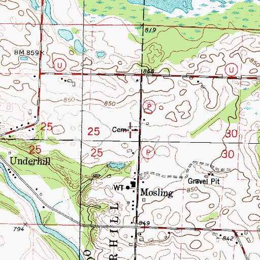 Topographic Map of Mosling Cemetery, WI
