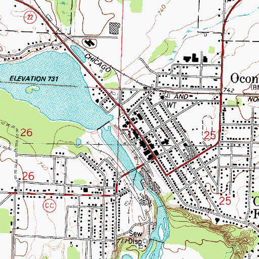 Topographic Map of Oconto Falls Community Library, WI