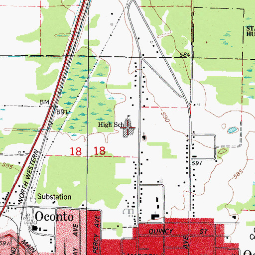 Topographic Map of Oconto High School, WI