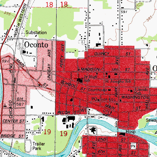 Topographic Map of Oconto Middle School, WI