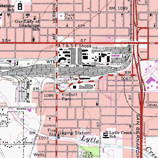 Topographic Map of San Bernardino Amtrack Station, CA
