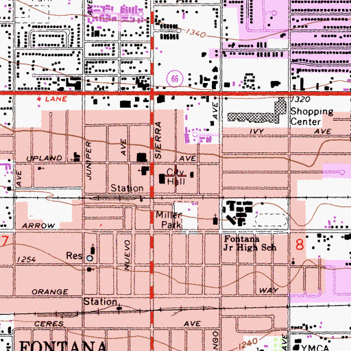 Topographic Map of Fontana Branch San Bernardino County Library, CA