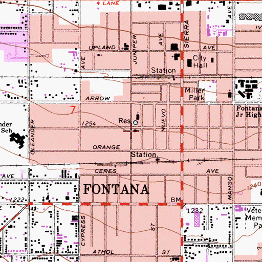 Topographic Map of Fontana Foursquare Church, CA