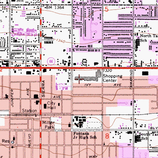 Topographic Map of Fontana Plaza Shopping Center, CA