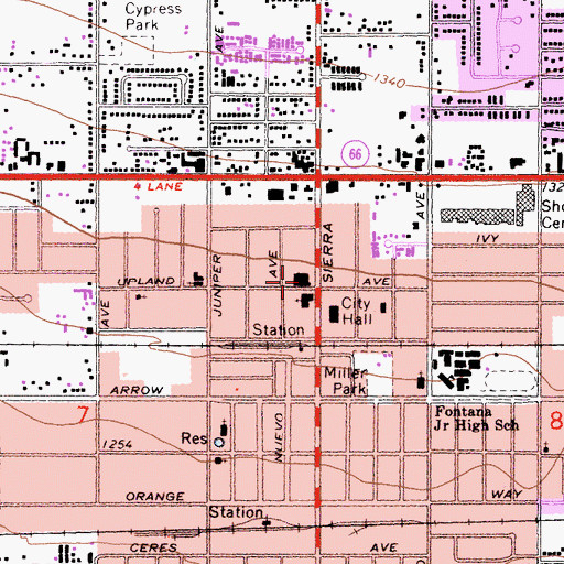 Topographic Map of Fontana Post Office, CA