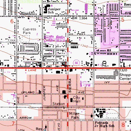 Topographic Map of Fontana Towne Center Shopping Center, CA