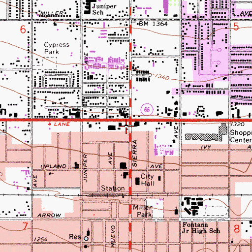 Topographic Map of Fontana Village Shopping Center, CA