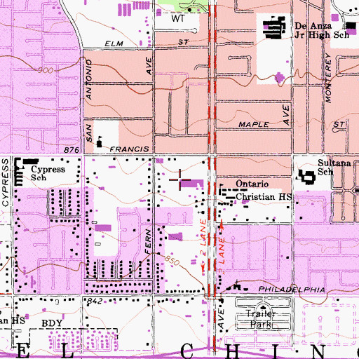 Topographic Map of Ontario Plaza Shopping Center, CA