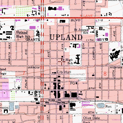 Topographic Map of Upland Post Office, CA