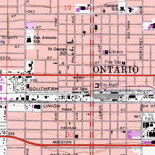 Topographic Map of Downtown Ontario Post Office, CA