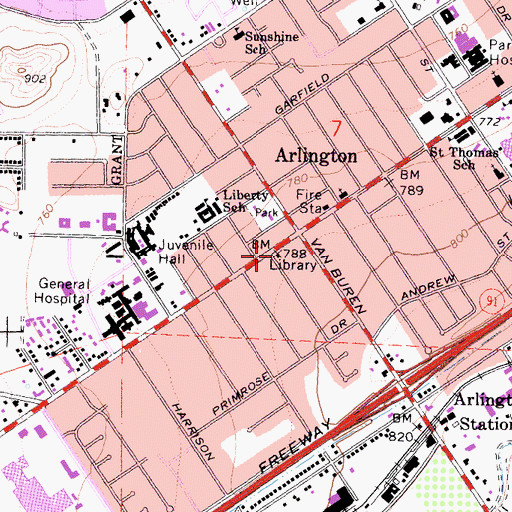 Topographic Map of Arlington Branch Riverside City and County Public Library, CA