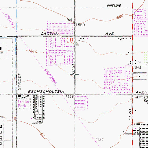 Topographic Map of Badger Springs Middle School, CA