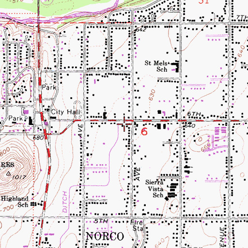 Topographic Map of Community Church of Norco, CA
