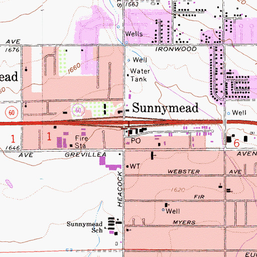 Topographic Map of Sunnymead Post Office, CA