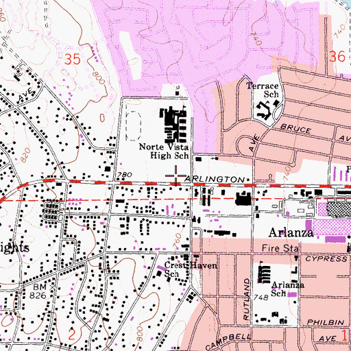 Topographic Map of Crest Avenue Baptist Church, CA
