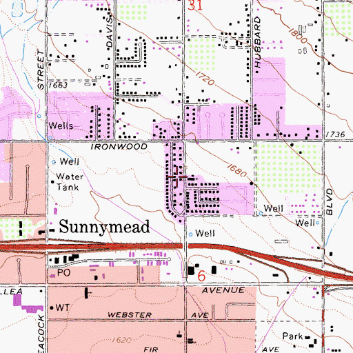 Topographic Map of Sunnymead Baptist Temple, CA