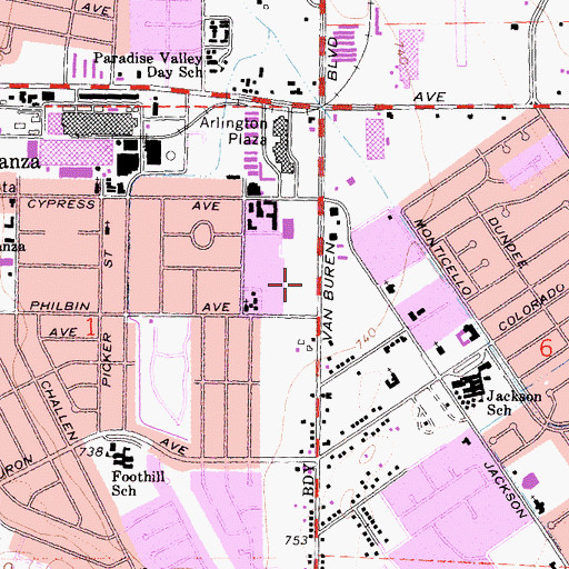 Topographic Map of Van Buren Plaza Shopping Center, CA