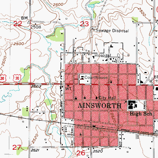 Topographic Map of Brown County Courthouse, NE