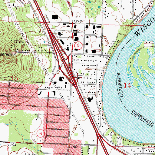 Topographic Map of Rib Mountain Church of God, WI