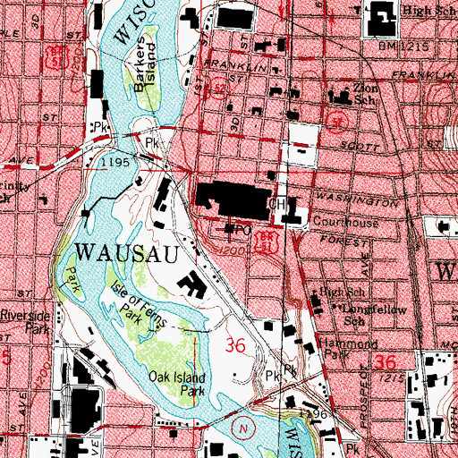 Topographic Map of Wausau Post Office, WI
