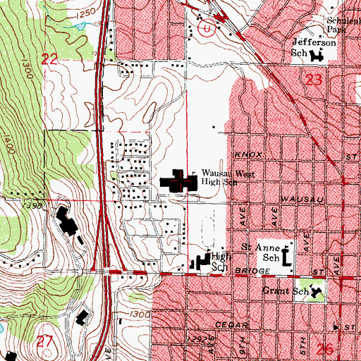 Topographic Map of Wausau West High School, WI
