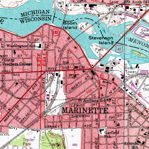 Topographic Map of Marinette Post Office, WI