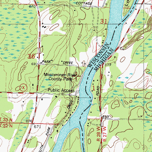 Topographic Map of Menominee River County Park, WI