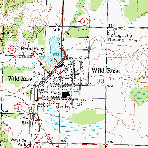 Topographic Map of Wild Rose Presbyterian Church, WI