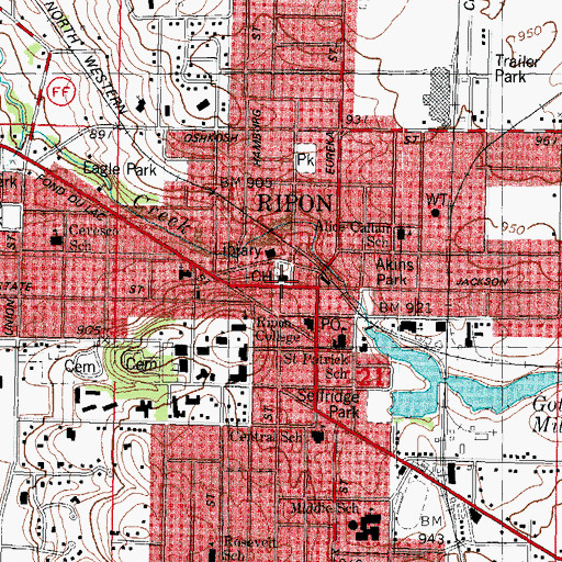 Topographic Map of Ripon City Hall, WI