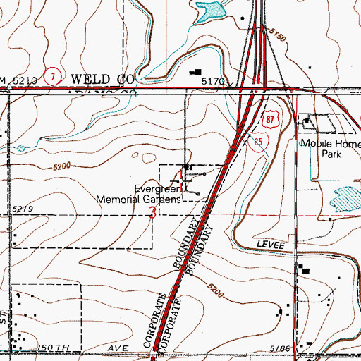 Topographic Map of Evergreen Memorial Park, CO