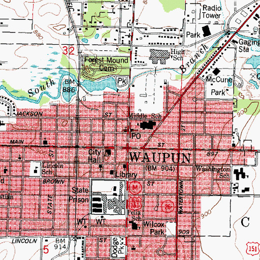 Topographic Map of Waupun Post Office, WI