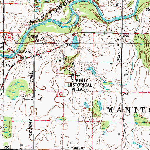 Topographic Map of Pinecrest Historical Village, WI