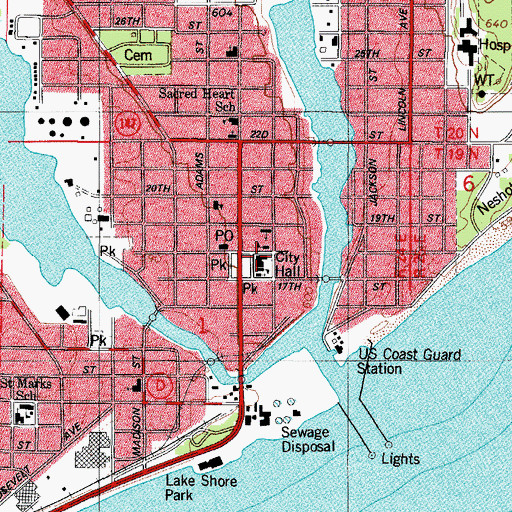 Topographic Map of Two Rivers City Hall, WI