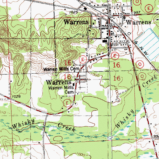 Topographic Map of Warren Mills Cemetery, WI