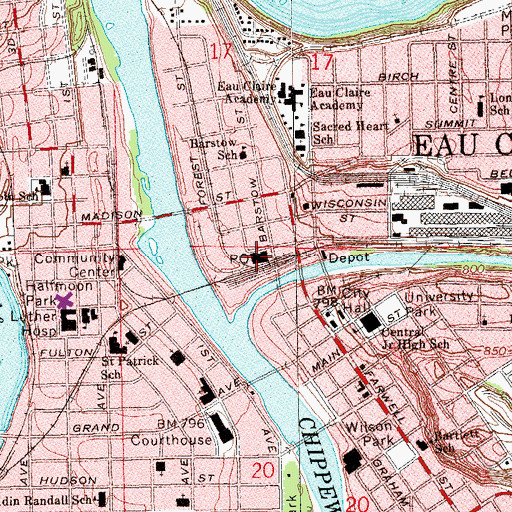 Topographic Map of Eau Claire Post Office, WI