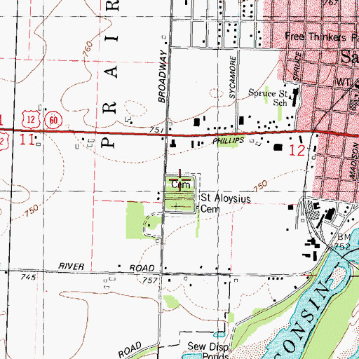 Topographic Map of Sauk City Cemetery, WI