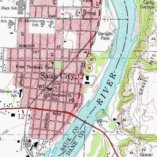 Topographic Map of Sauk City Public Library, WI
