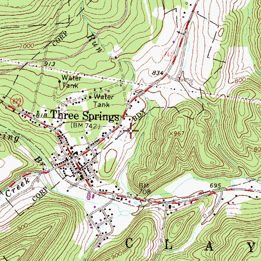 Topographic Map of Three Springs Cemetery, PA